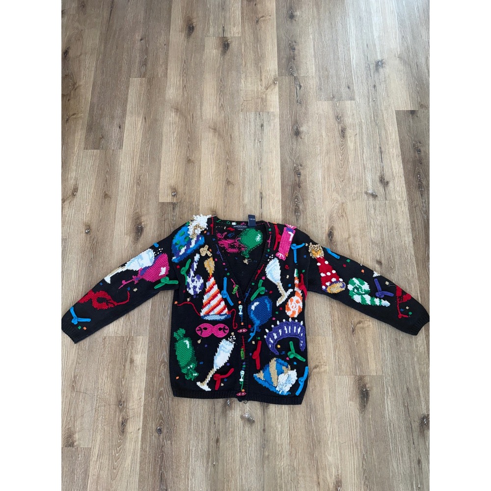 Eagle's Eye Vintage 1994 New Year Party Cardigan Women S Black Hand Knit Novelty - Picture 2 of 9